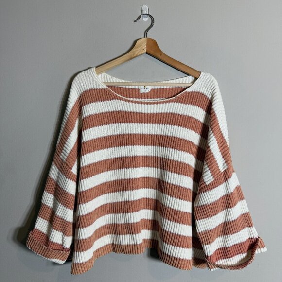 NWOT By Together Stripe Cropped Knit Sweater Pullover Womens Medium Ivory Orange - Picture 2 of 12
